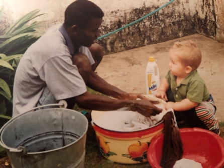Herve with my son, washing our clothes